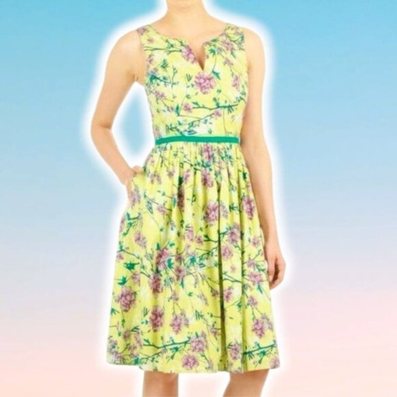 ESHAKTI Citron Floral Fit & Flare Dress Sz Large - Picture 1 of 5